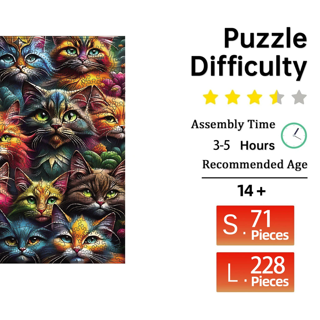 Cats Wooden Puzzle, Unique Shaped Pieces Wooden Jigsaw Puzzles for Adults, Ghristmas Gift Family Game Home Decor
