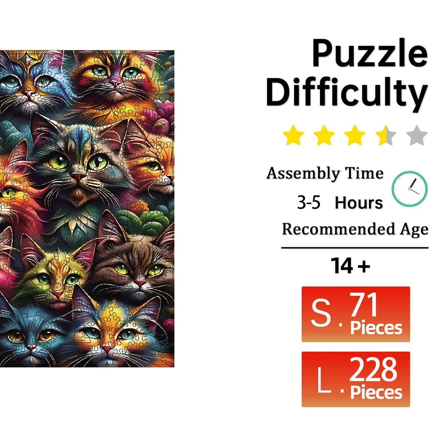 Cats Wooden Puzzle, Unique Shaped Pieces Wooden Jigsaw Puzzles for Adults, Ghristmas Gift Family Game Home Decor