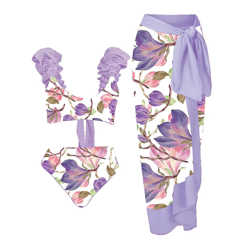 Floral Elegance Three-Piece Bikini Set - Women's High Waist Lace-Up Swimwear with Matching Cover-Up