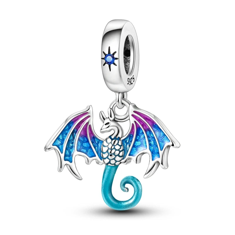 925 Silver Color Fantasy Flying Chameleon Dragon Butterfly Purple Charms Pendants Fit Pandora 925 Original Bracelets DIY Jewelry