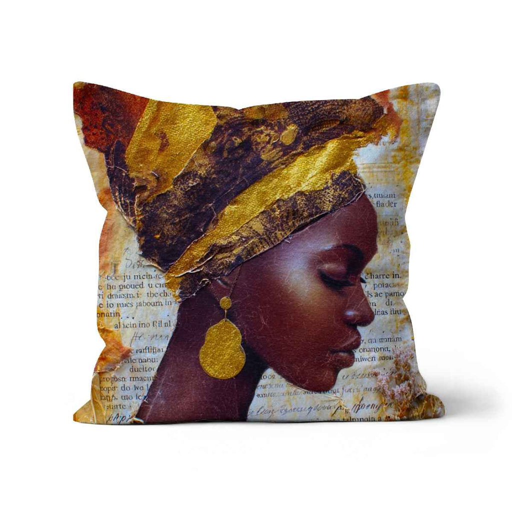 Elegant African Woman Portrait Cushion With Gold Headwrap For Home Decor