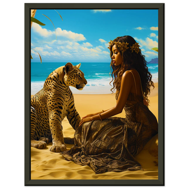 Seychelle Serenity: Golden Sand The Maiden and the LeopardPremium Semi-Glossy Paper Metal Framed Poster by D'Sare