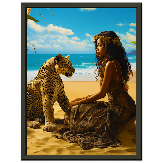 Seychelle Serenity: Golden Sand The Maiden and the LeopardPremium Semi-Glossy Paper Metal Framed Poster