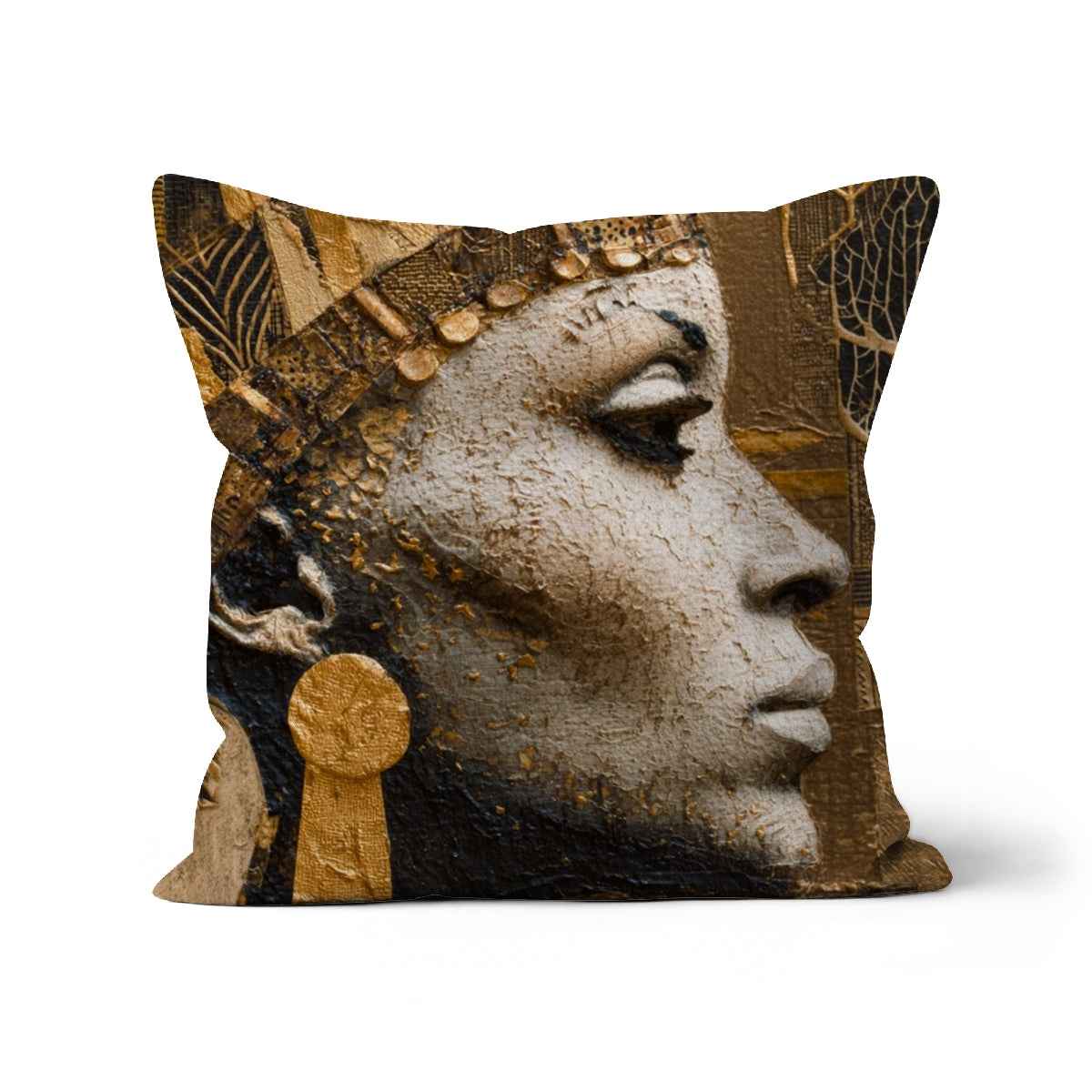 Afrocentric Golden Empress Cushion With Faux Suede Linen Or Cotton Canvas Cover