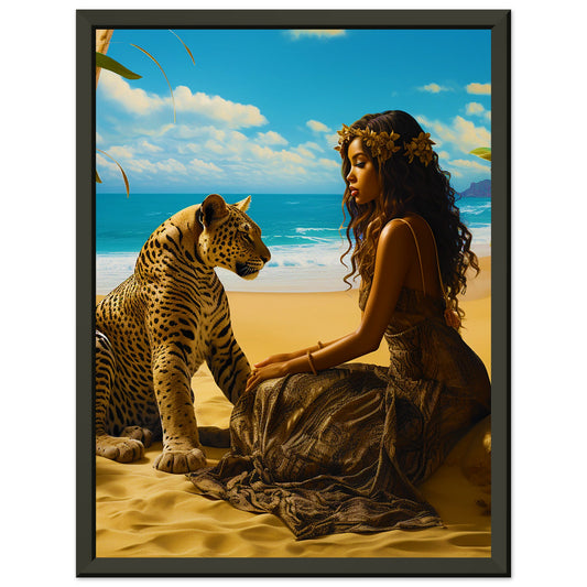 Seychelle Serenity: Golden Sand The Maiden and the LeopardMuseum-Quality Matte Paper Metal Framed Poster