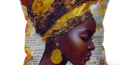 Elegant African Woman Portrait with Gold Headwrap Cushion by Prodigi