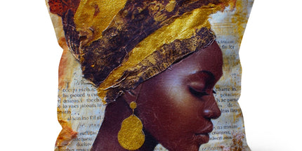 Elegant African Woman Portrait with Gold Headwrap Cushion by Prodigi