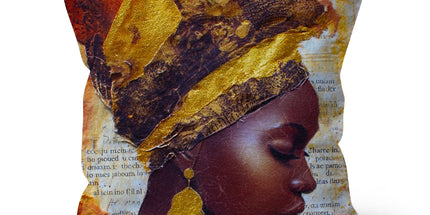 Elegant African Woman Portrait with Gold Headwrap Cushion by Prodigi