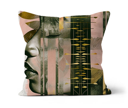 Echoes of Life: Afrocentric Meditation Peach and Gold Abstract Art Eclectic  Cushion
