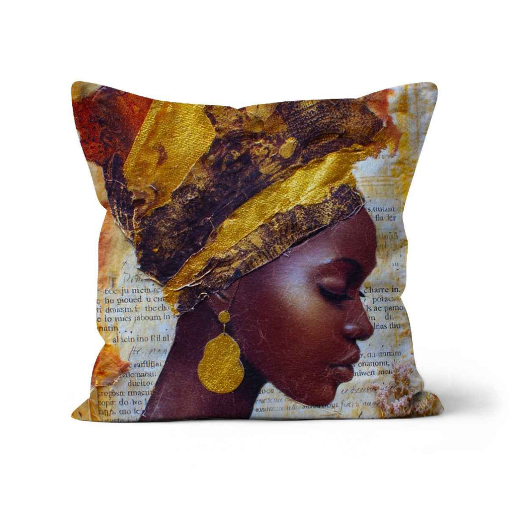 Elegant African Woman Portrait Cushion With Gold Headwrap For Home Decor
