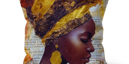 Elegant African Woman Portrait with Gold Headwrap Cushion by Prodigi