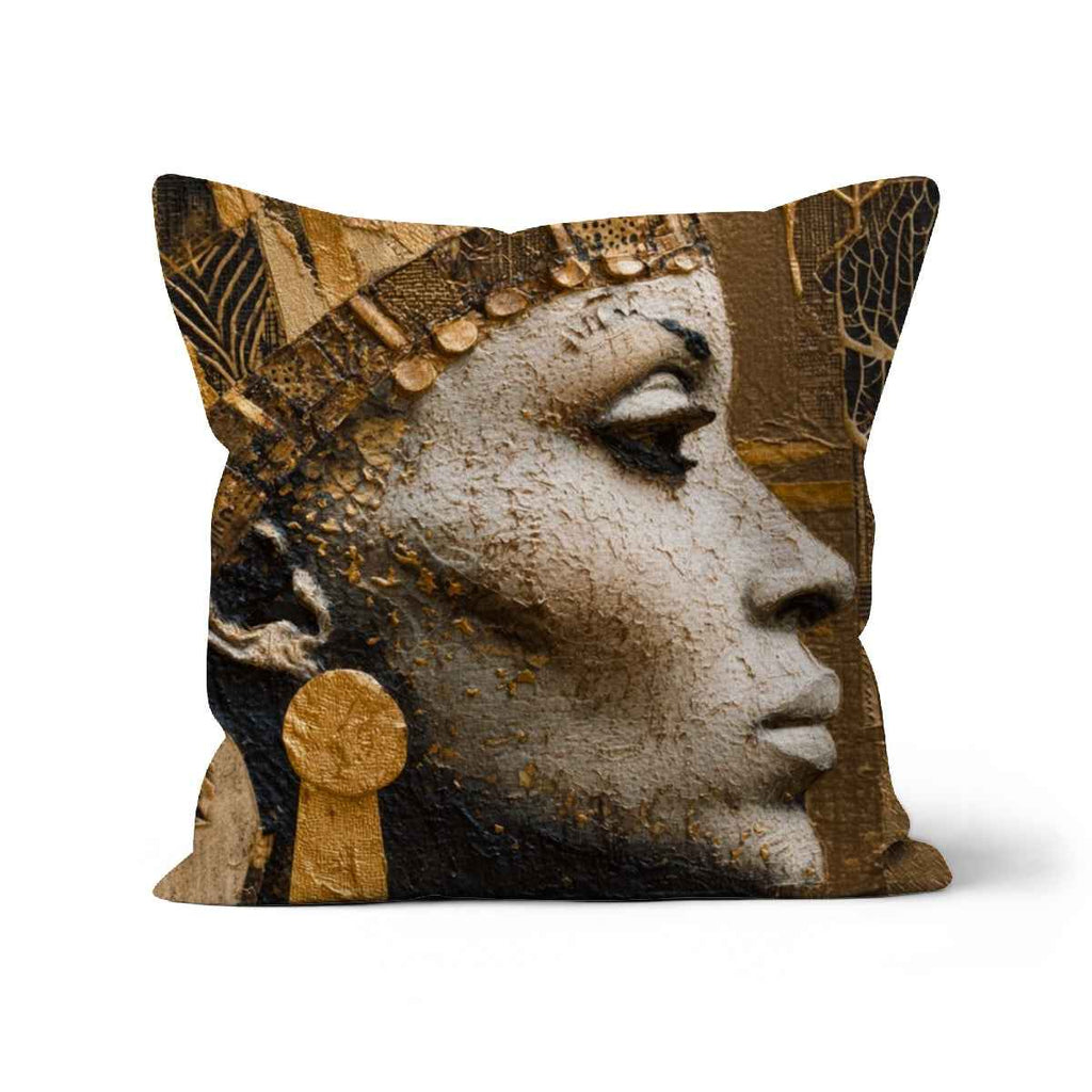 Afrocentric Golden Empress Cushion With Faux Suede Linen Or Cotton Canvas Cover