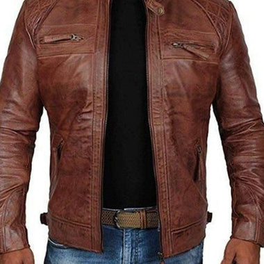 Men's Leather Jacket Stand Collar Punk Motorcycle Leather Slim Fit Jacket - D'Sare