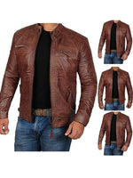 Men's Leather Jacket Stand Collar Punk Motorcycle Leather Slim Fit Jacket - D'Sare