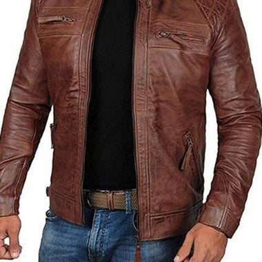 Men's Leather Jacket Stand Collar Punk Motorcycle Leather Slim Fit Jacket - D'Sare