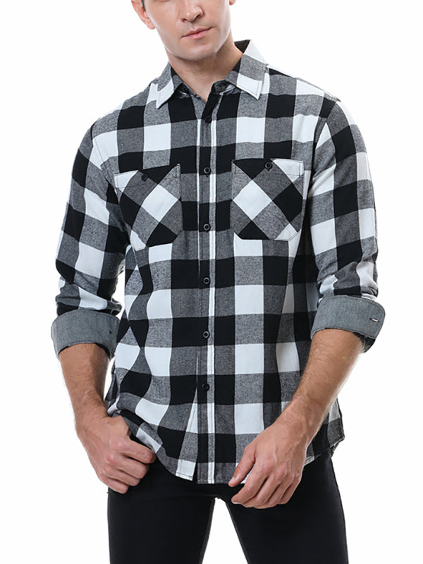 Men's facecloth plaid long-sleeved lapel shirt