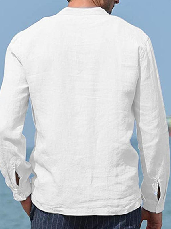 Men's Solid Color Cotton Linen Pocket Shirt