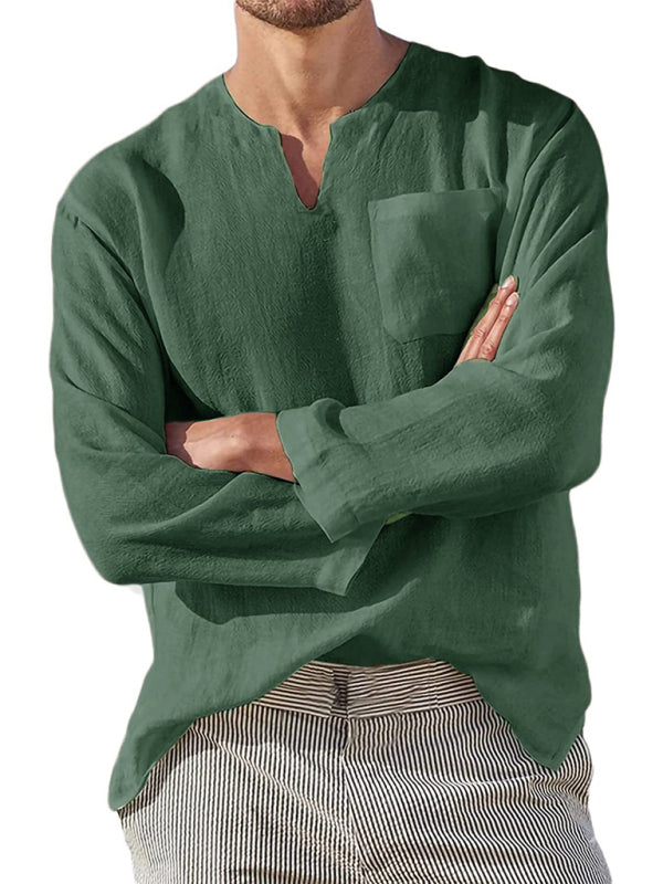 Men's Long Sleeve V Neck Casual Beach Linen Shirt