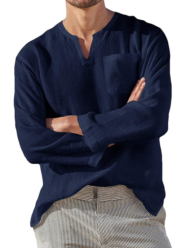 Men's Long Sleeve V Neck Casual Beach Linen Shirt