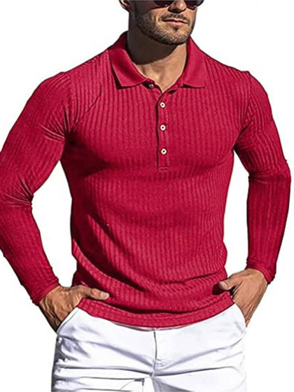 New Men's High Elastic Vertical Strip Long Sleeve POLO Shirt Slim Knit Bottom Shirt Polo Shirt