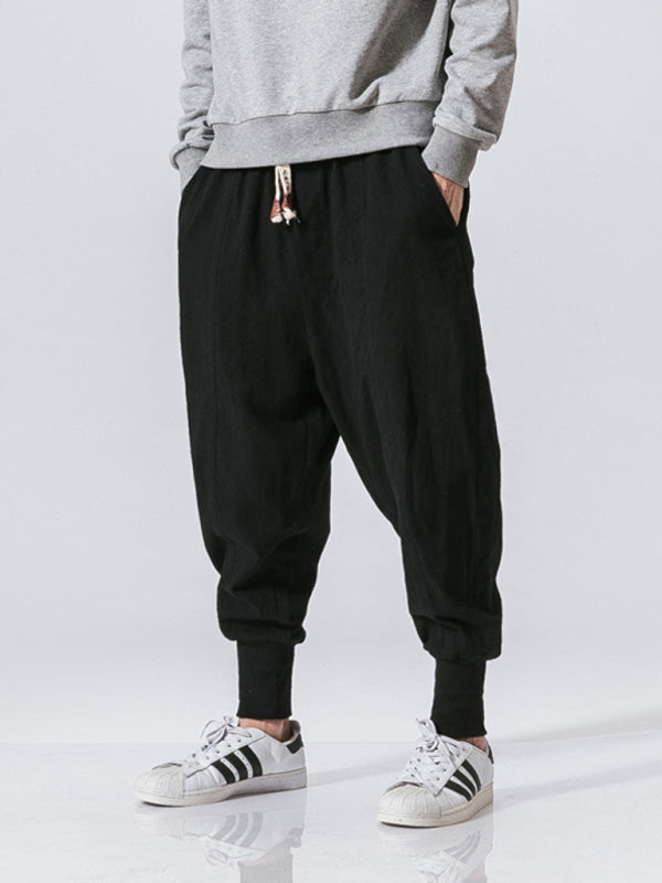 Linen Pants Men's Hip Hop Breathable Cotton Linen Trousers Solid Color Bloomers Casual Pants