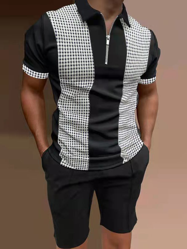 Men's Color Contrasting Short Sleeve Lapel Polo Shirt + Shorts Set