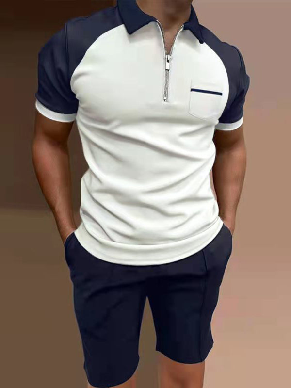 Men's Color Contrasting Short Sleeve Lapel Polo Shirt + Shorts Set