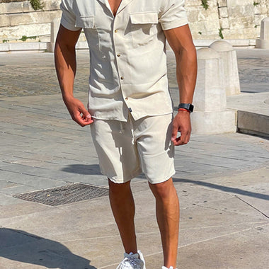 Casual suit men's wide short-sleeved men's pants top shirt two-piece set - D'Sare