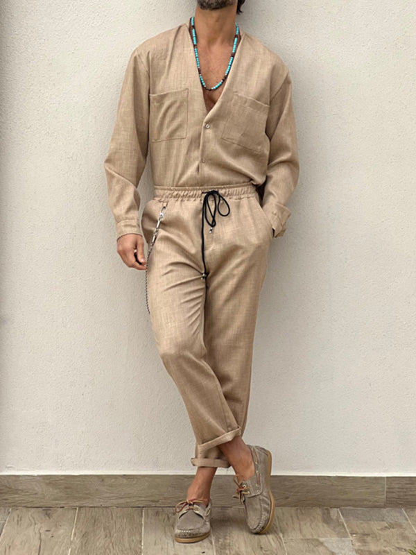 Casual Cotton Linen Suit Loose Trousers Top Shirt Two-piece Set
