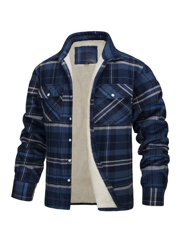 Men's thickened corduroy and velvet long-sleeved plaid patchwork jacket