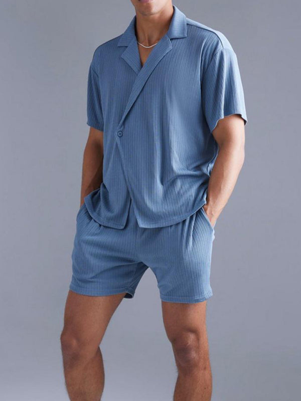 Fashionable and casual solid color dark blue short-sleeved shirt and shorts two-piece men's suit