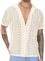 Men's Lace Floral Button Hollow Short-Sleeved Shirt