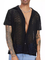 Men's Lace Floral Button Hollow Short-Sleeved Shirt