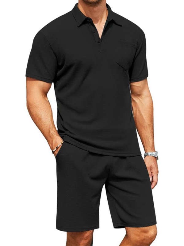 Men's lapel polo shirt short-sleeved T-shirt pocket decoration shorts two-piece set