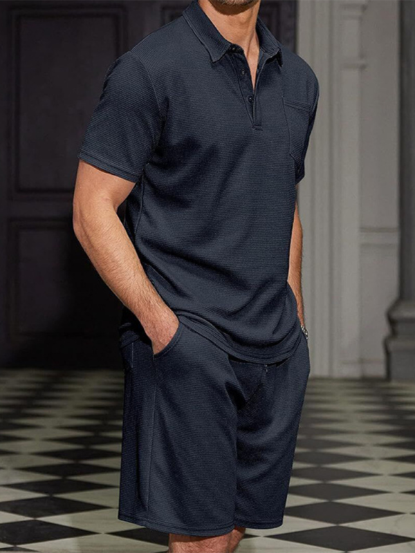Men's lapel polo shirt short-sleeved T-shirt pocket decoration shorts two-piece set