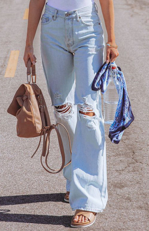 Ladies Ripped High-Rise Wide-Leg Jeans