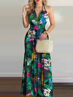 Halterneck Tie V-neck Floral Print Open-back Maxi Dress