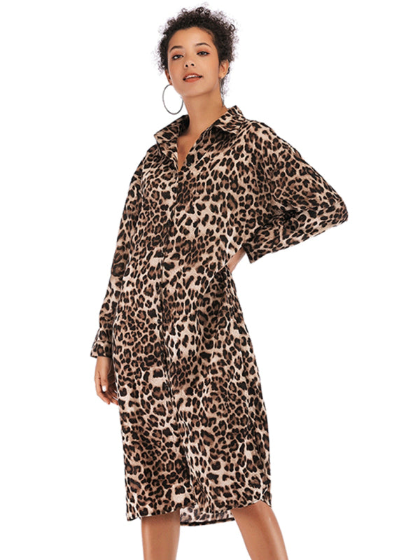 Vintage Loose Leopard Lapel Long Chiffon Shirt Dress