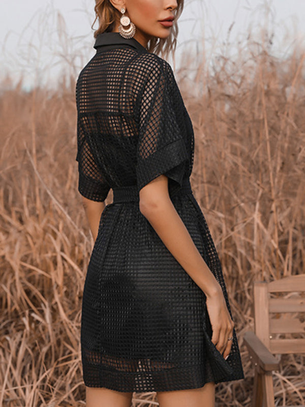 Temperament Solid Color Lapel Perspective Mesh Black Dress