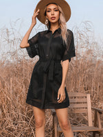 Temperament Solid Color Lapel Perspective Mesh Black Dress - D'Sare