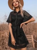 Temperament Solid Color Lapel Perspective Mesh Black Dress - D'Sare