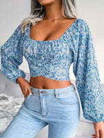 Lantern sleeve bowknot floral chiffon shirt holiday style crop top - D'Sare