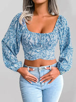 Lantern sleeve bowknot floral chiffon shirt holiday style crop top - D'Sare