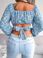 Lantern sleeve bowknot floral chiffon shirt holiday style crop top - D'Sare