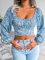 Lantern sleeve bowknot floral chiffon shirt holiday style crop top - D'Sare