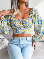 Lantern sleeve bowknot floral chiffon shirt holiday style crop top - D'Sare