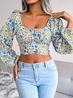 Lantern sleeve bowknot floral chiffon shirt holiday style crop top - D'Sare