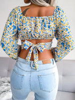 Lantern sleeve bowknot floral chiffon shirt holiday style crop top - D'Sare