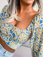 Lantern sleeve bowknot floral chiffon shirt holiday style crop top - D'Sare