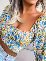 Lantern sleeve bowknot floral chiffon shirt holiday style crop top - D'Sare